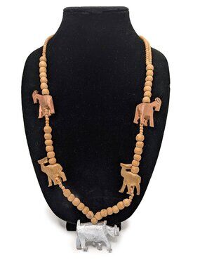 Vintage Carved African Safari Wooden Bead Necklace Silver Rhino & Gold Gazelle